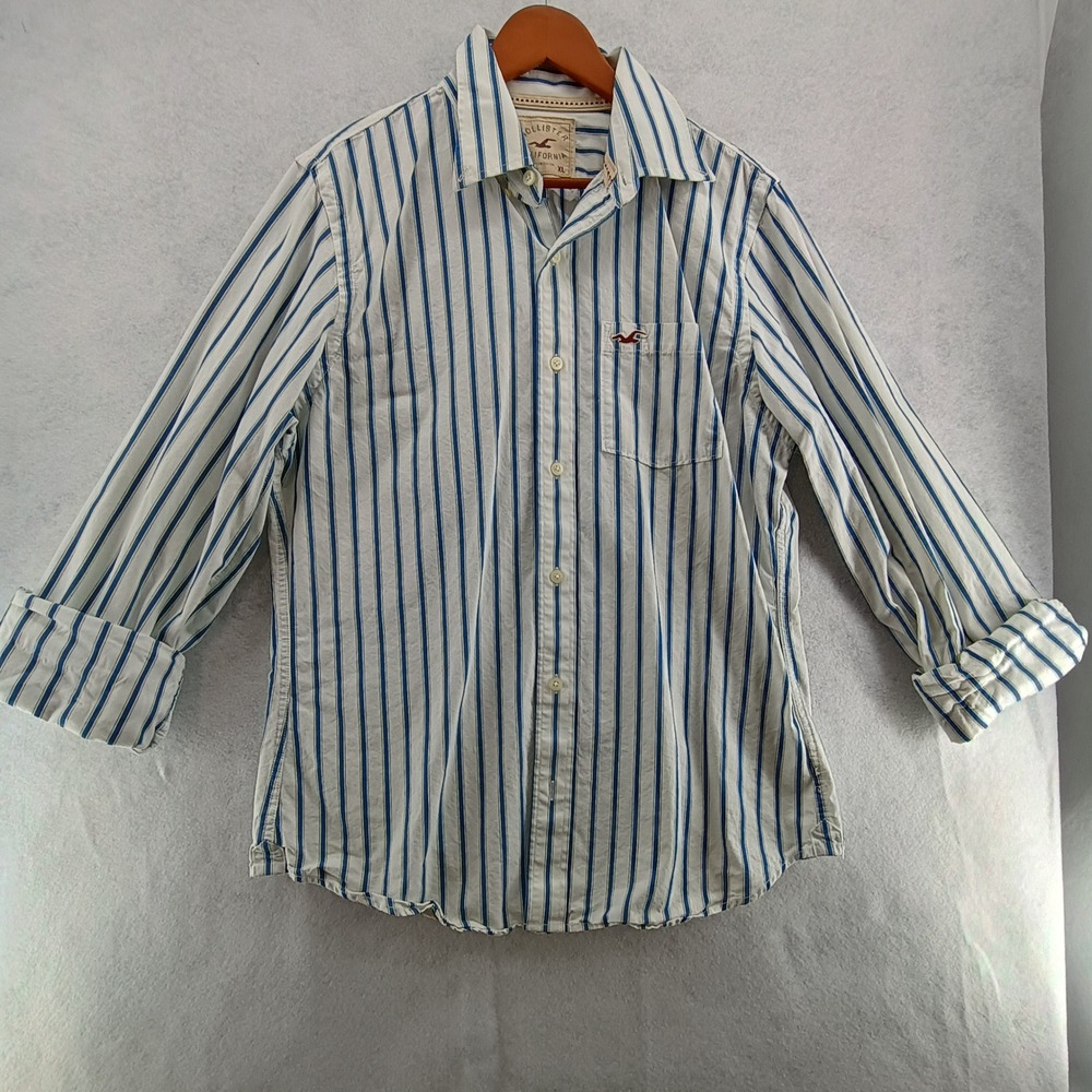Hollister Mens XL Button Up Shirt Striped Long Sleeve Cotton White Blue Sz XL